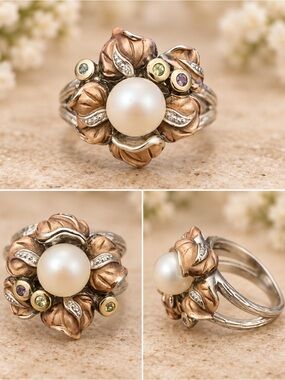Vintage 925 Sterling Silver Pearl Floral Mixed Metal Statement Ring